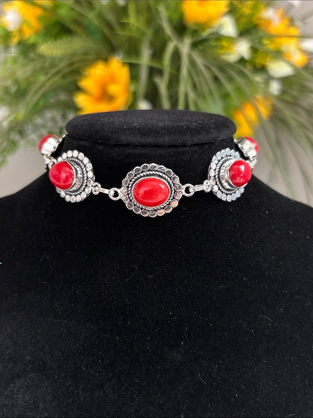 Sterling Red Coral Statement Gemstone Bracelet